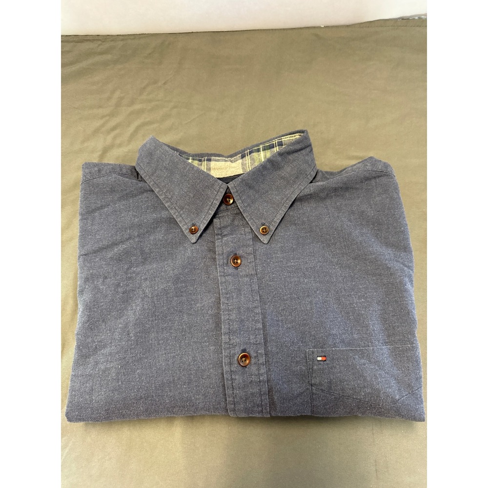 Tommy Hilfiger Mens Large Blue Grey Flannel Button Down Shirt Plaid Trim Cotton